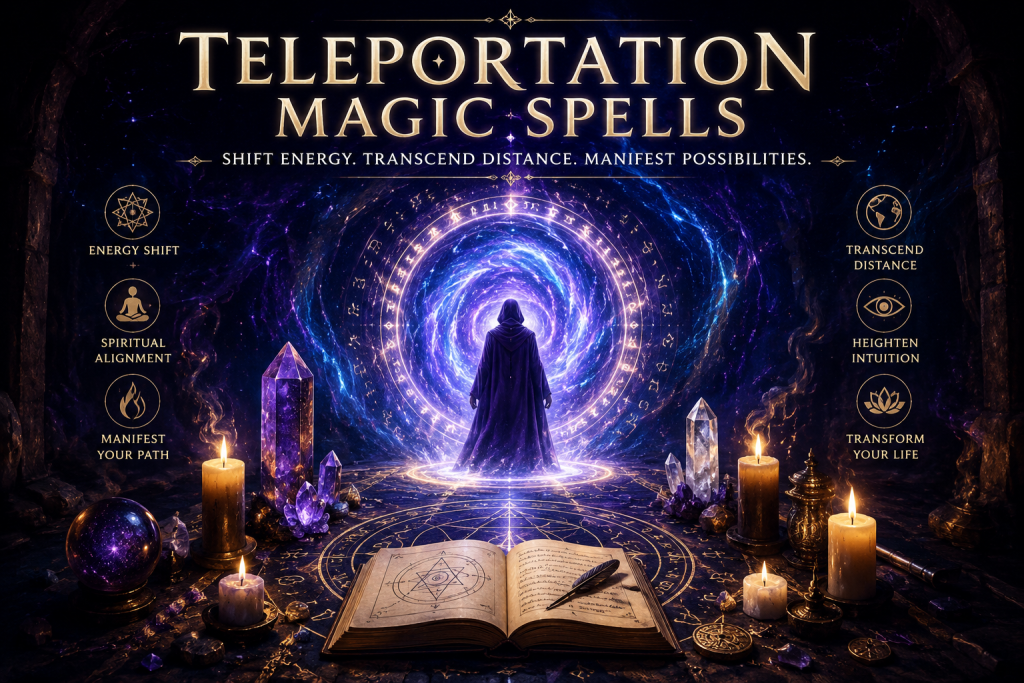 Teleportation Magic Spells are believed in various esoteric traditions to represent the symbolic movement of energy, intention, and spiritual connection beyond physical limitations.